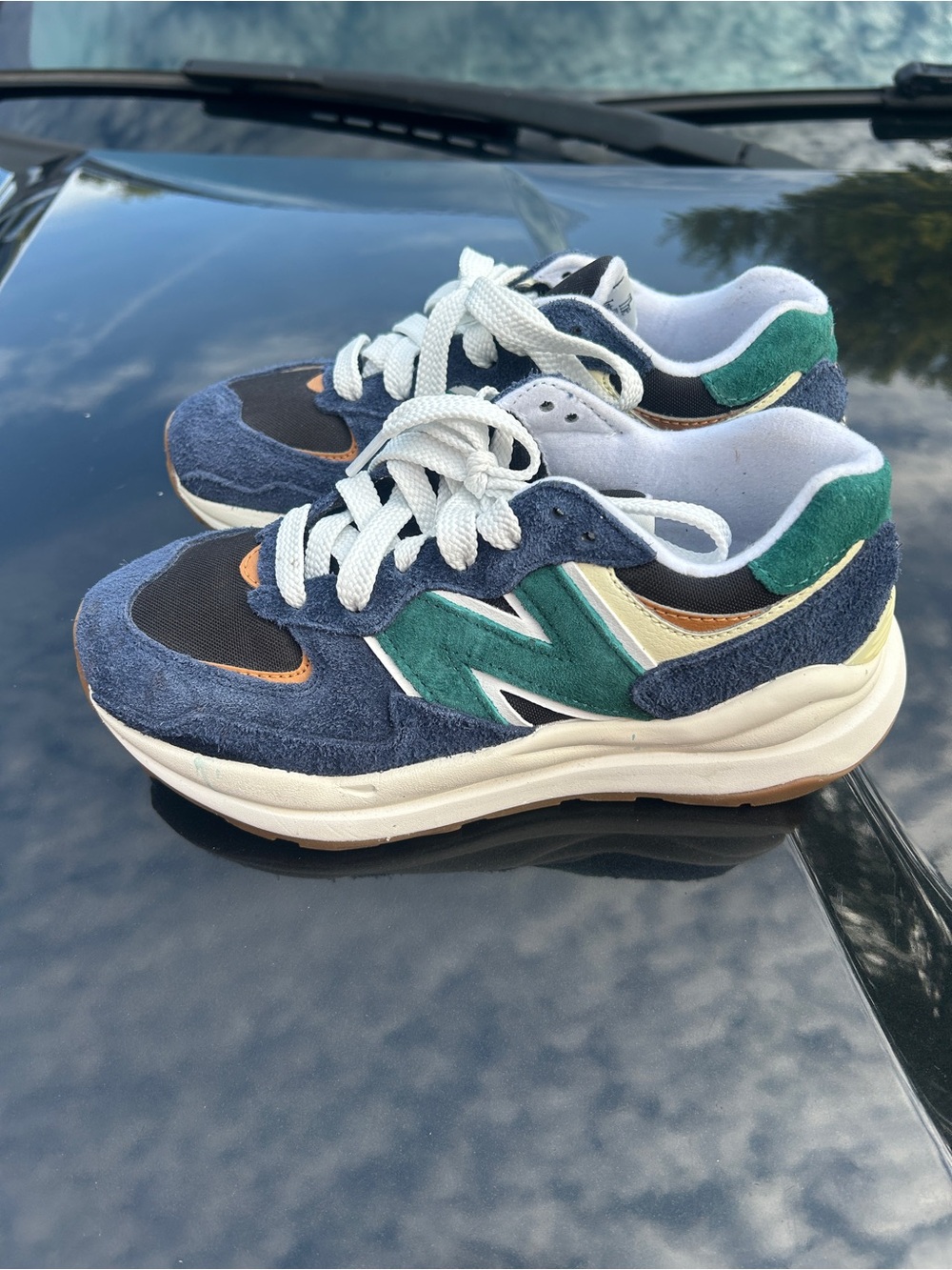 New Balance women’s 57/40  Navy, Green & Tan Suede Mesh Sneakers
